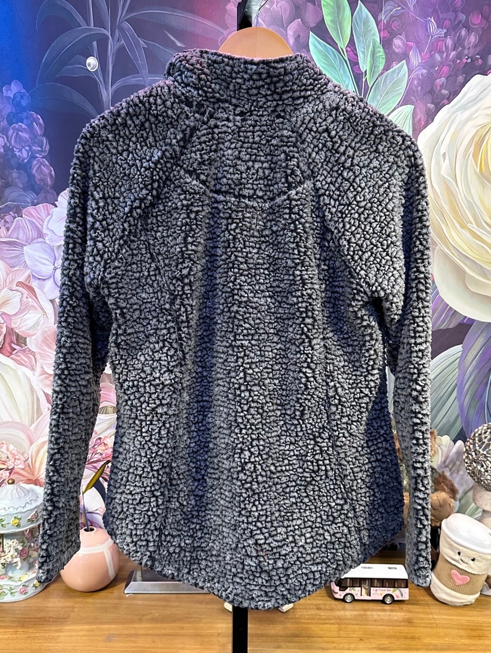 Cozy Sherpa Medium Women's Sweater Charcoal Gray Plush Quarter-Zip High Collar - Picture 4 of 6
